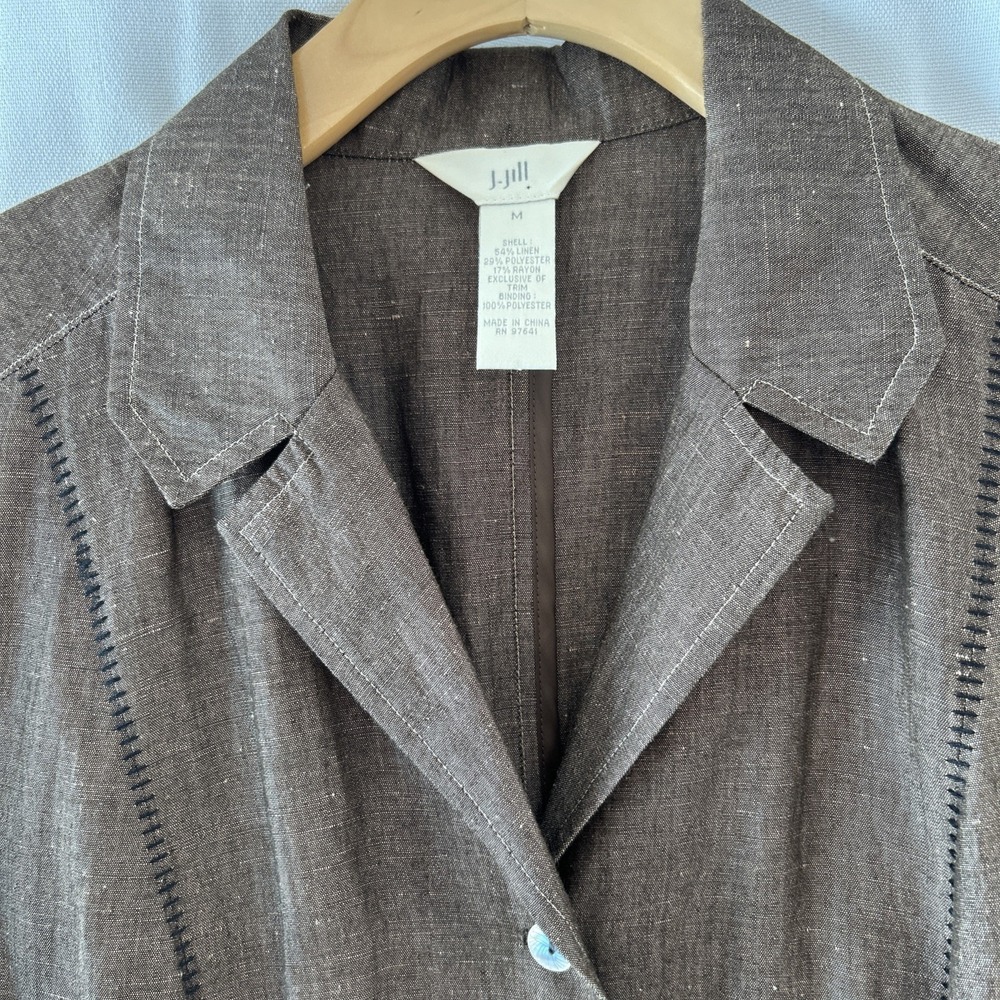 J.Jill Womens Brown Linen Blend Button Front Blazer Jacket Blanket Stitch Size M - Picture 2 of 9